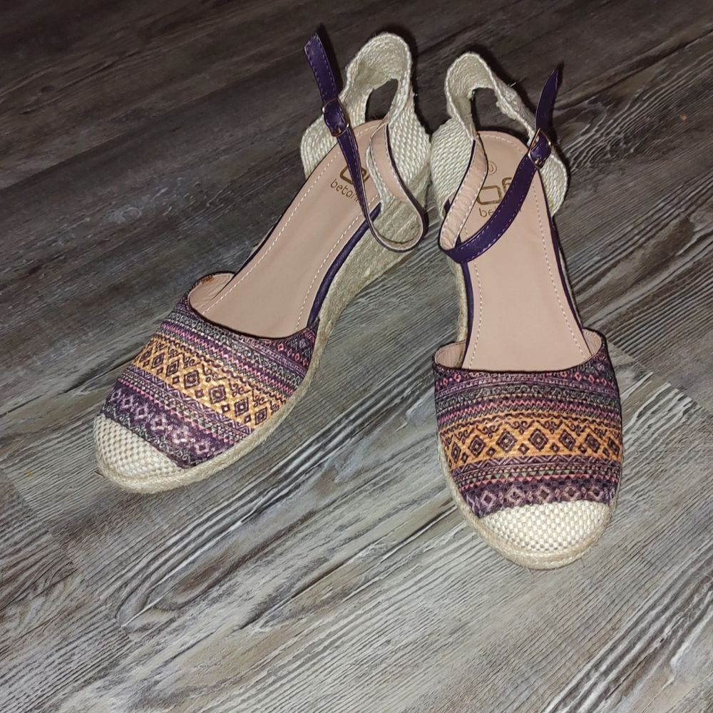 BF Betani Chelsea-1 Wedge Rope Heels Multi Color Purple Strap Shoes Sz 10